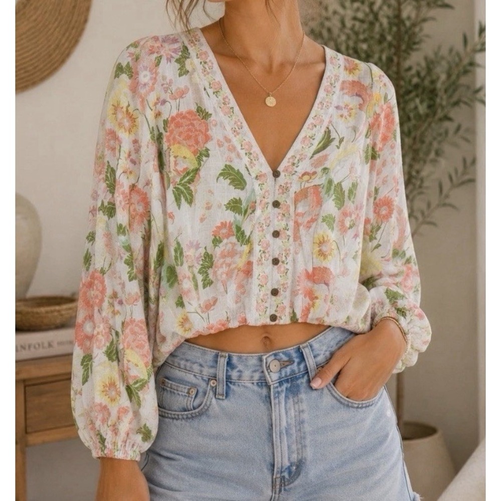 Rose + Olive Resort Floral Print Cropped Blouse V-Neck Button Front S Boho Beach